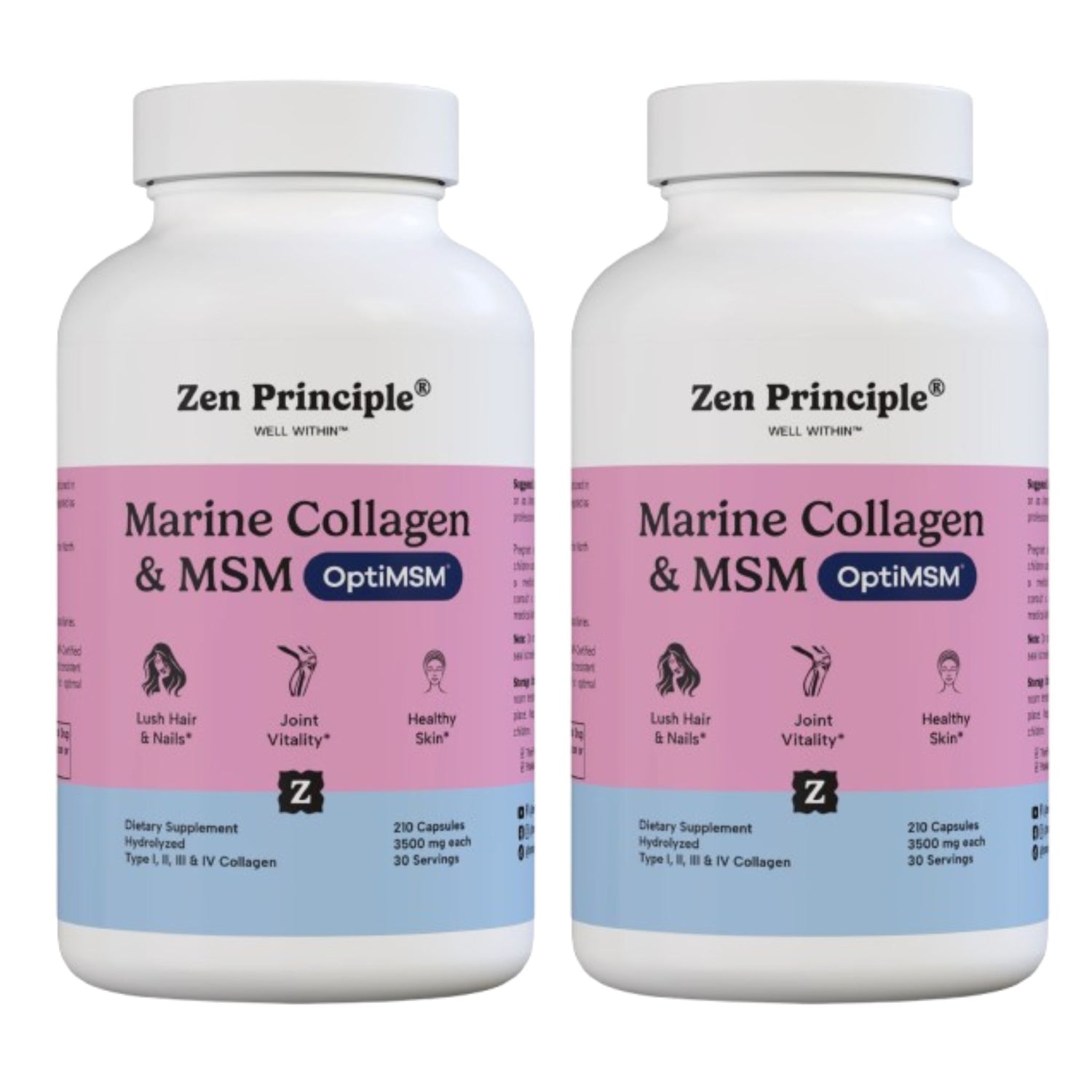 Marine Collagen Peptides Powder with OptiMSM® Supplement Capsules Zen Principle Naturals 2 Bottles 